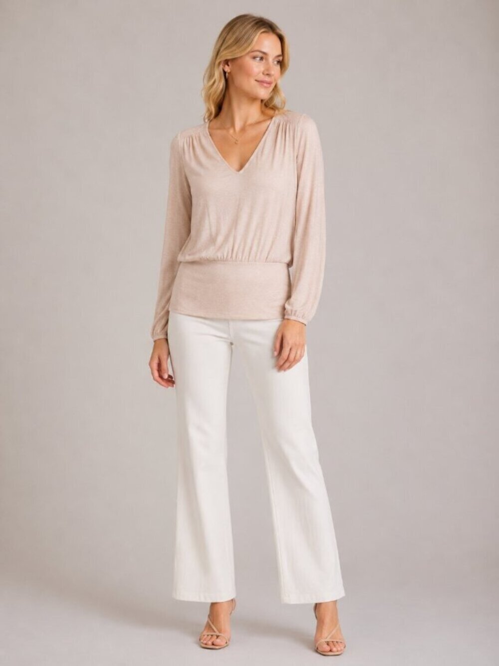 NWT White House Black Market Long Sleeve V Neck Banded Top Sepia Rose S